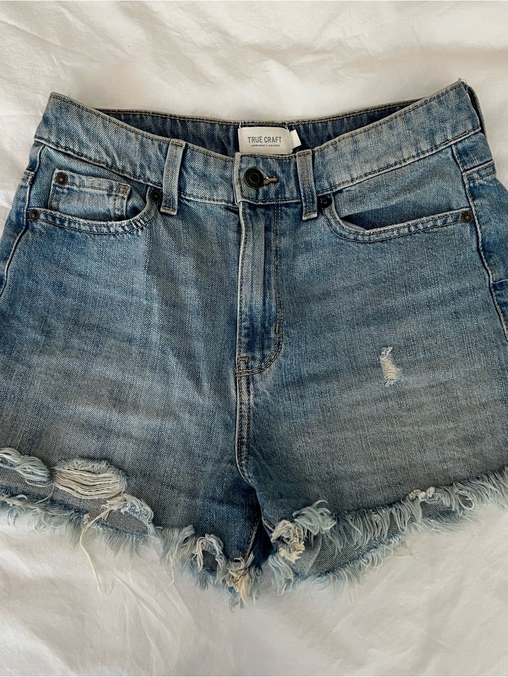 True Craft Faded Blue Frayed-Hem High Rise Denim Shorts
